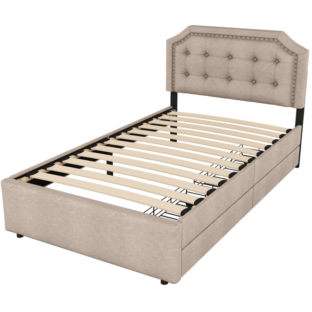 Letto imbottito 90x200 cm con 2 cassetti; testiera regolabile; in MDF e tessuto lino beige scuro