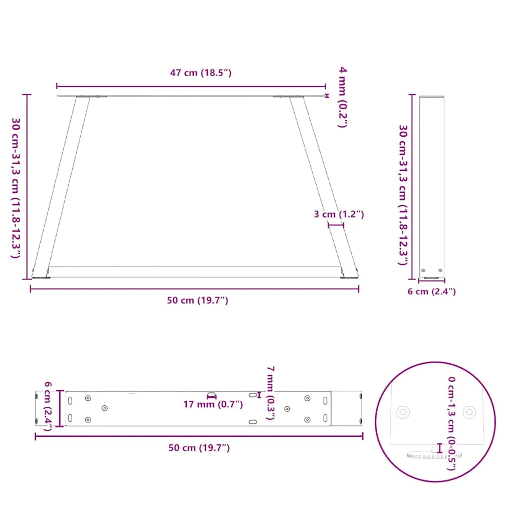 Set di 2 gambe per tavolino a V 50 x 30-31,3 cm con fori preforati e piedini regolabili in acciaio bianco 02_0056825