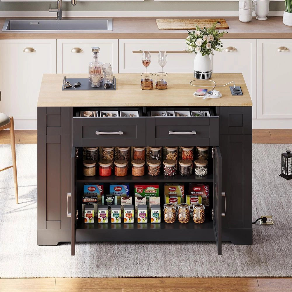 Isola da cucina portatile - Xylo - 120 cm - Ripiano aperto, prese, vetro, laminato regolabile, ruote con freni