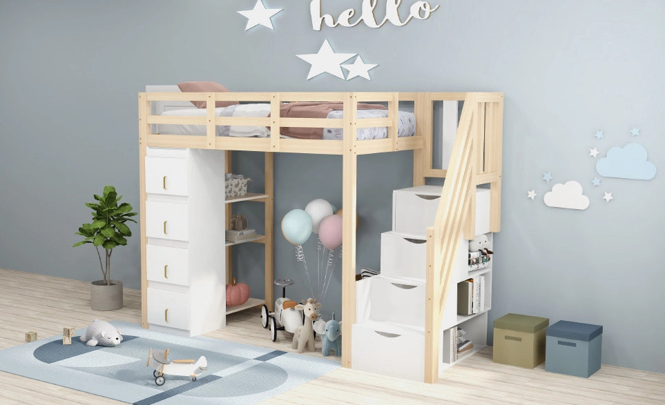 Letto a soppalco 90x200 cm in legno massello con cassetti contenitori e scala di sicurezza