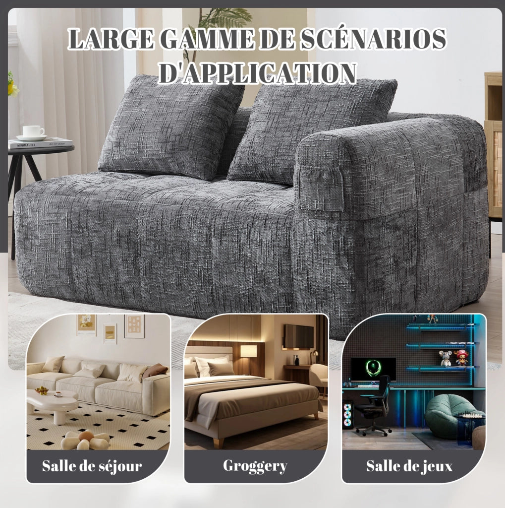 Divano con chaise longue in chenille grigio; 158x90x60 cm; con tasche laterali e cuscino
