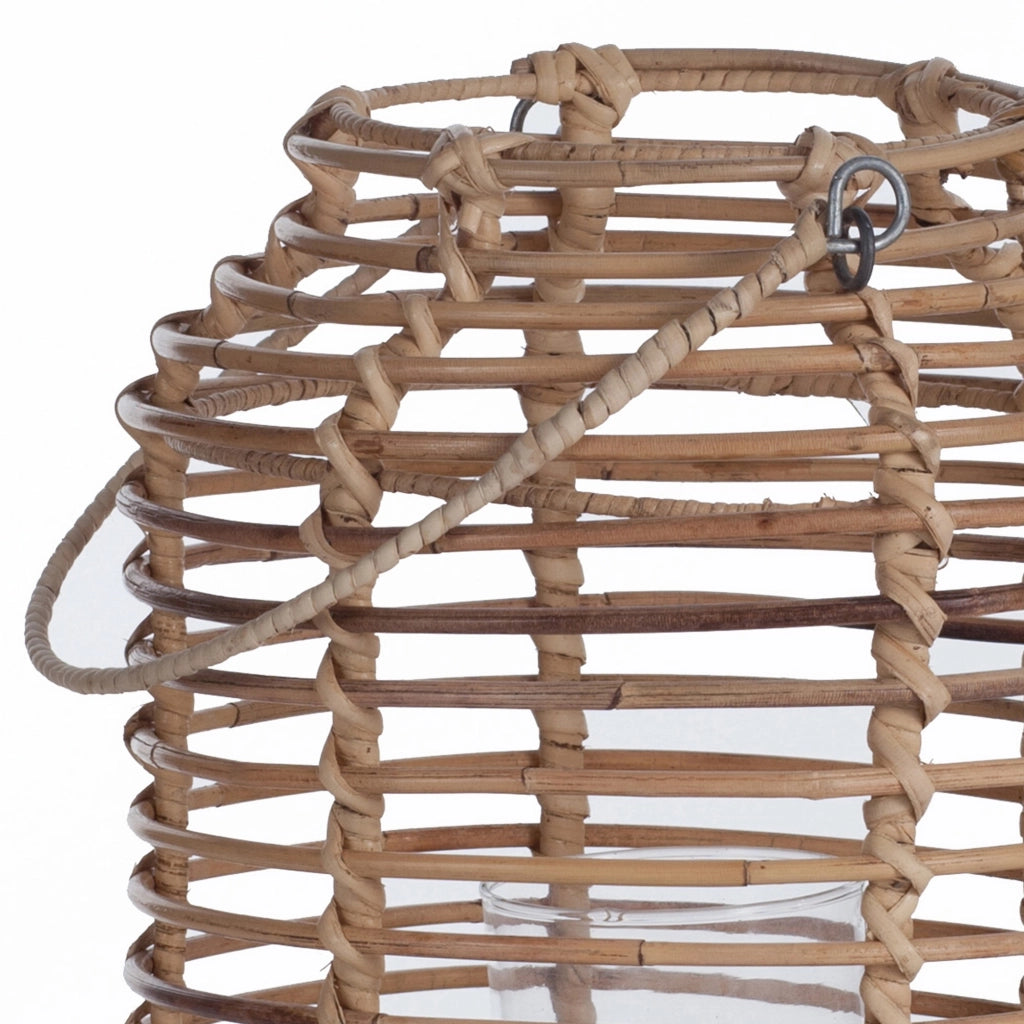 Lanterna in rattan beige contenitore in vetro per esterno