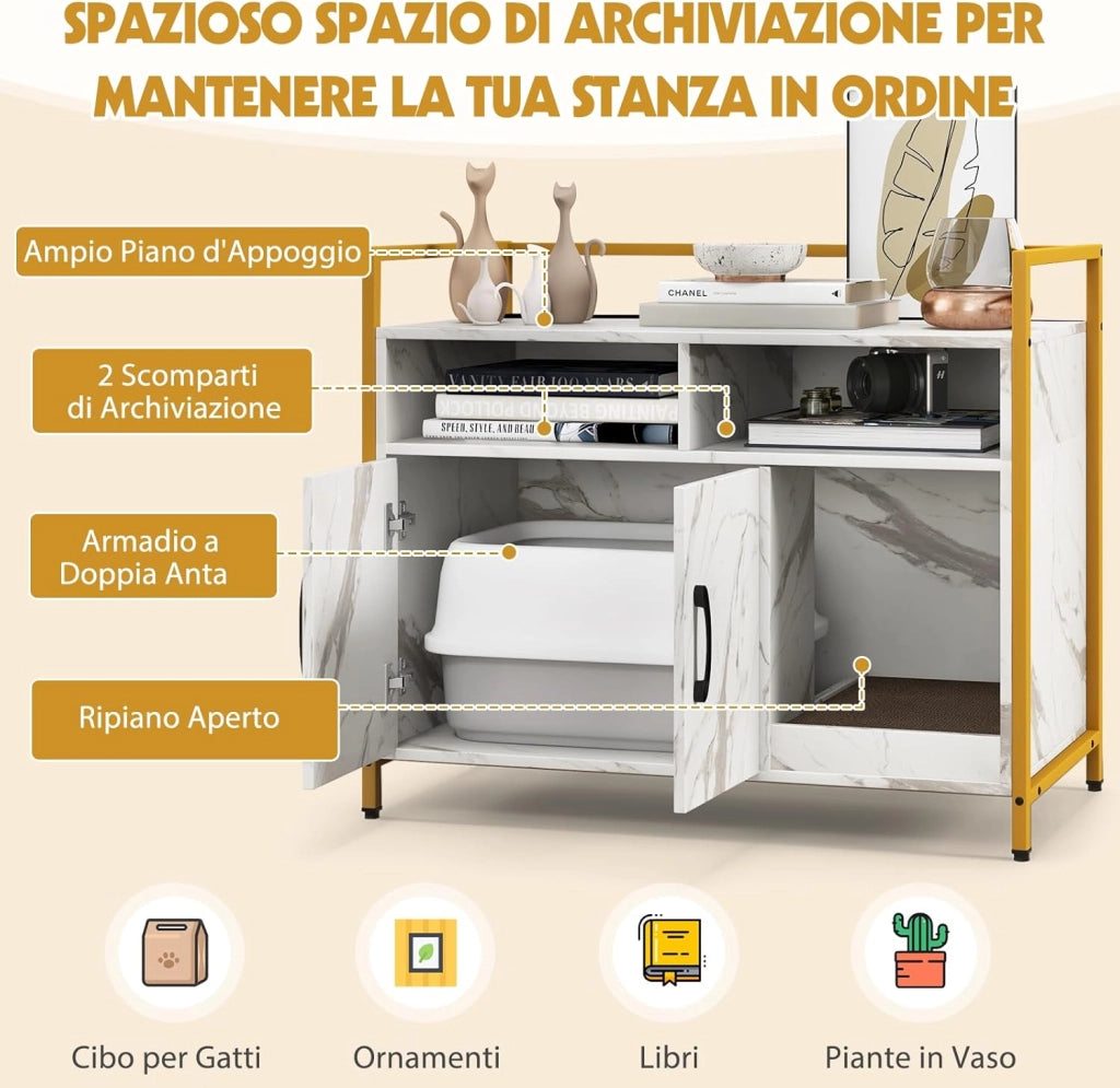 Mobile per Lettiera Gatti con Ripiani Aperti e Ripiani Chiusi con Maniglie, Mobiletto Multiuso in Legno e Metallo, Ideale per Ingresso e Soggiorno, Portata 50 kg (Bianco+Nero)