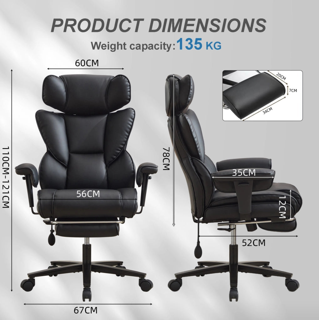 Sedia da Ufficio in Pelle PU Reclinabile 90-130°; Nera; per Studio e Home Office