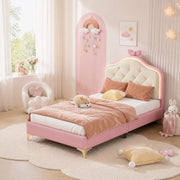 DESMIU Letto singolo 1 posto con LED multicolore e testiera ondulata, 90 × 200 cm, senza materasso, PU rosa e bianco