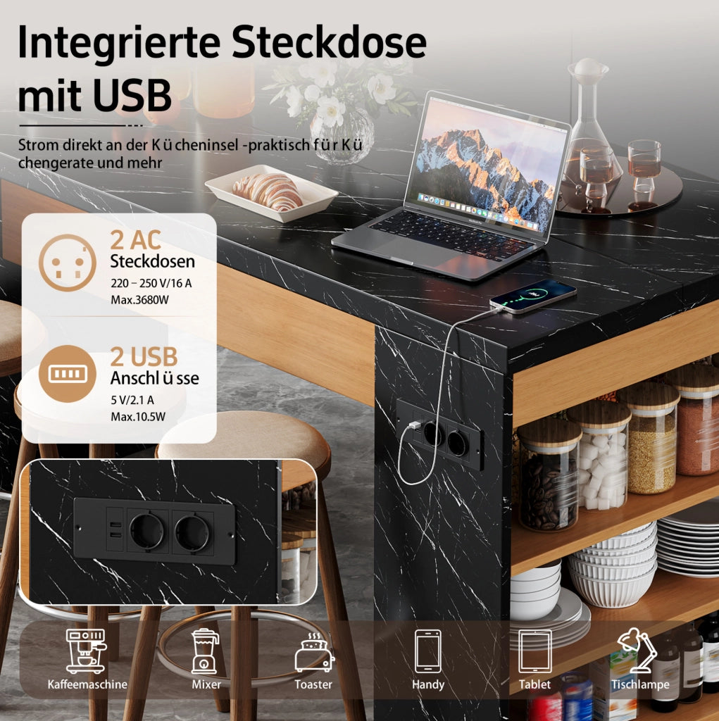Isola cucina 155x80x90 cm con LED, prese USB e ripiani