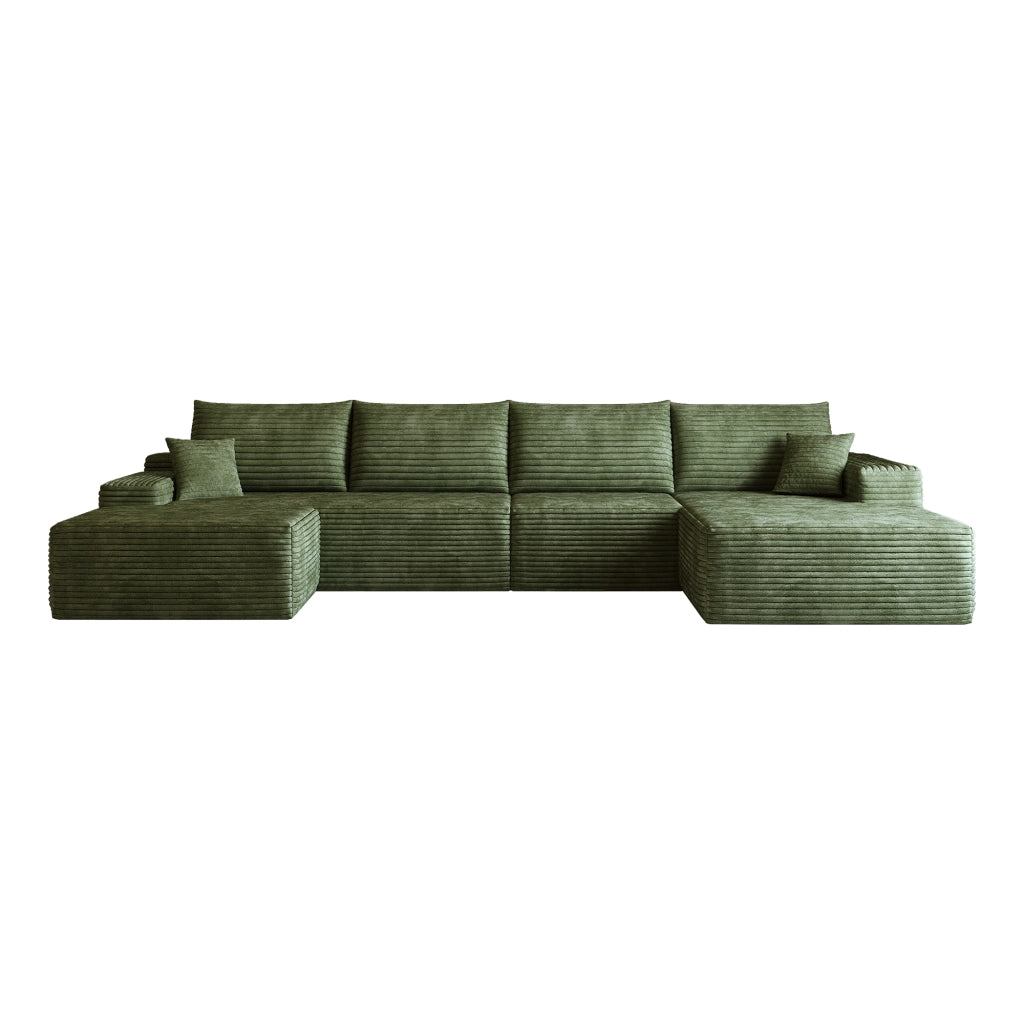 Divano angolare modulare con chaise longue e seduta profonda in tessuto a coste verde