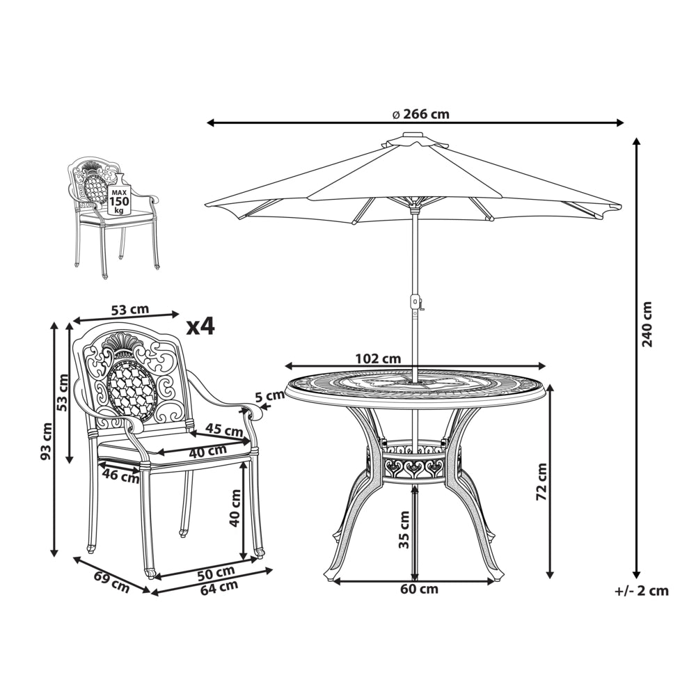 Set da pranzo da giardino Tavolo da esterno in alluminio marrone 4 sedie e ombrellone Cuscini di seduta in stile retrò