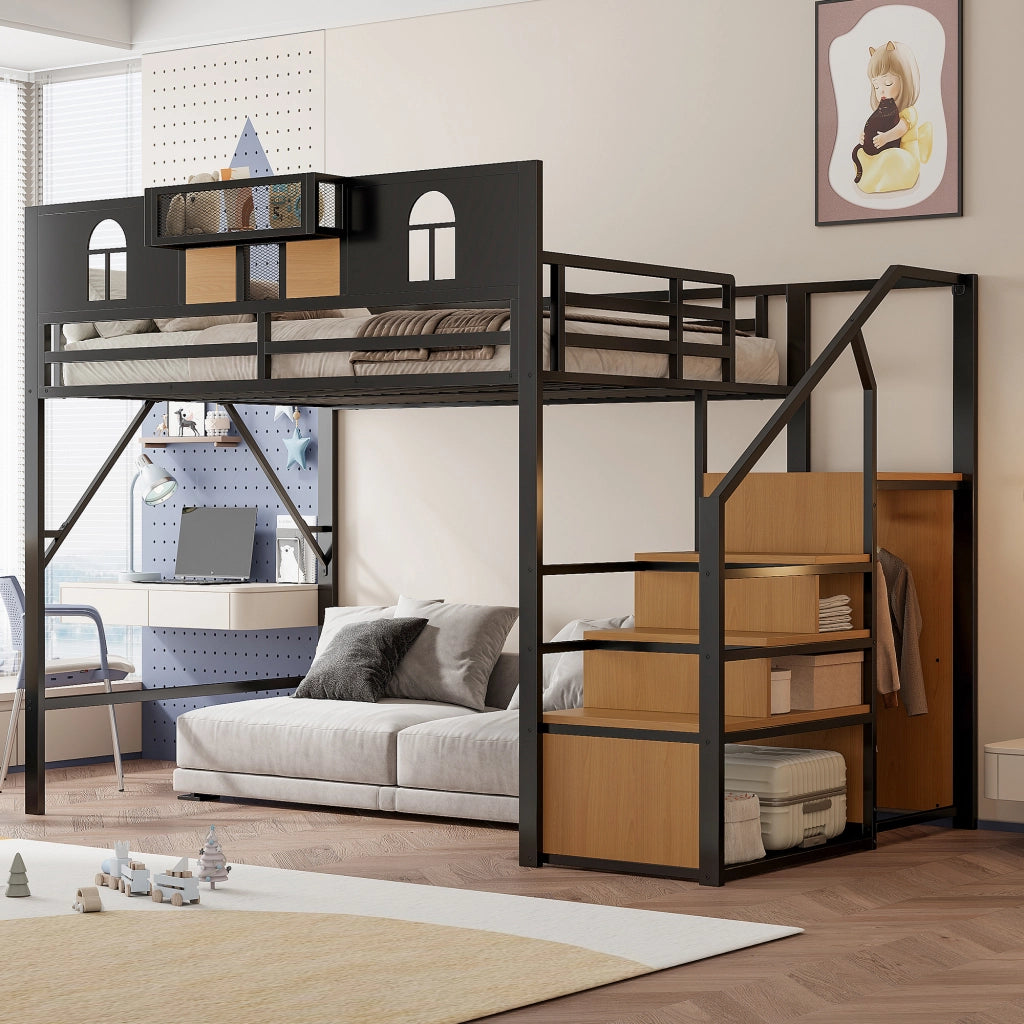 Letto alto metallico 140x200 cm scala contenitiva finestra ringhiera alta struttura robusta nera