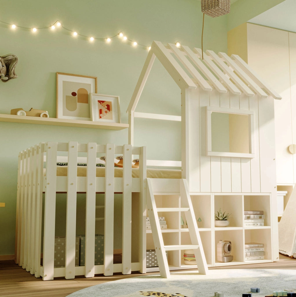 Letto a soppalco per bambini 90x200 cm con tetto e contenitori; bianco