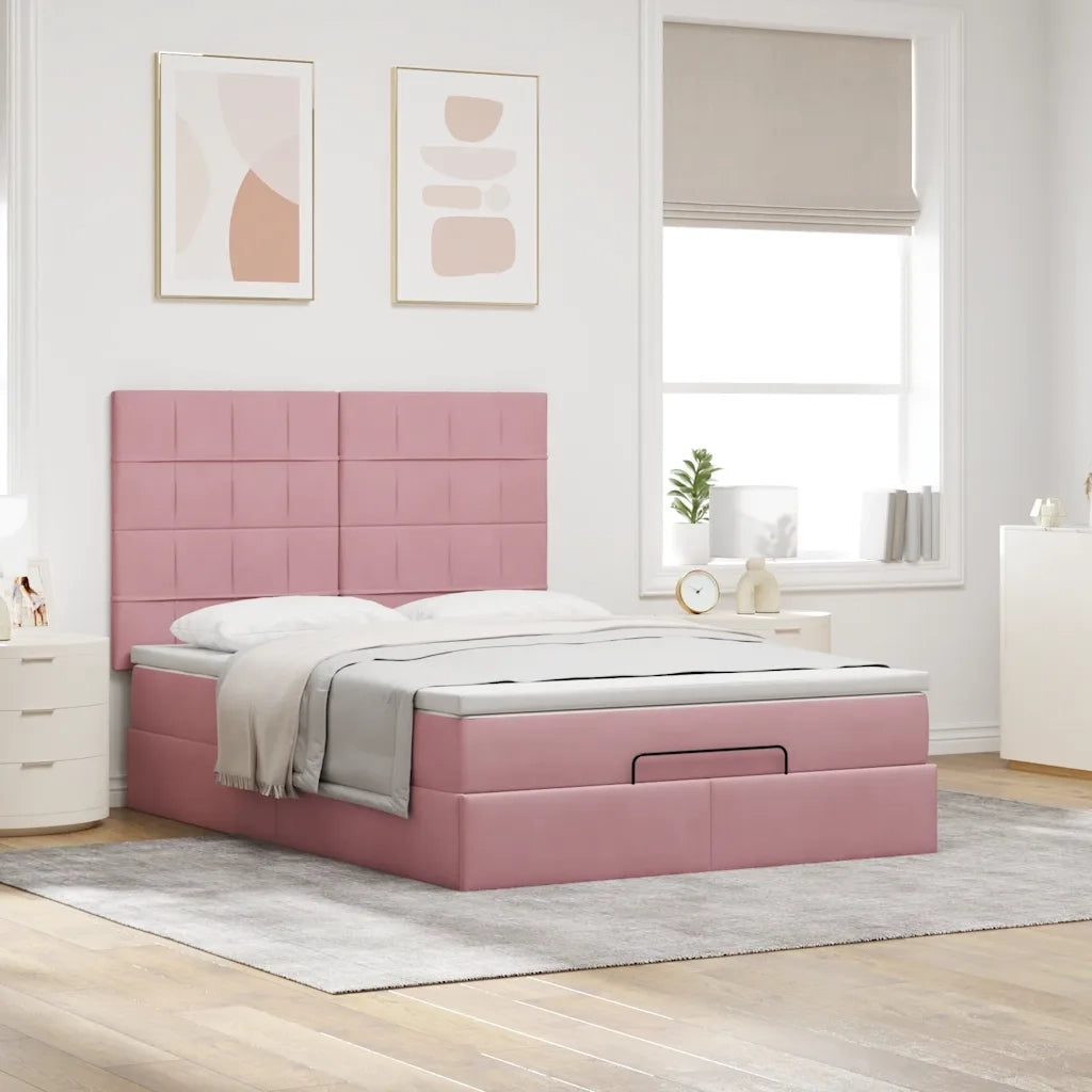 Struttura Letto Pouf con Materassi Rosa 140x200 cm in Velluto 3313480