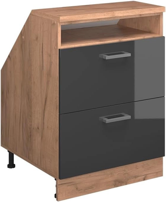 Mobile sottotetto Rion, Antracite lucido, 60 x 81.6 cm con 2 cassetti, carcassa 60 cm profondità, adatto per il salvaspazio sotto tetti spioventi