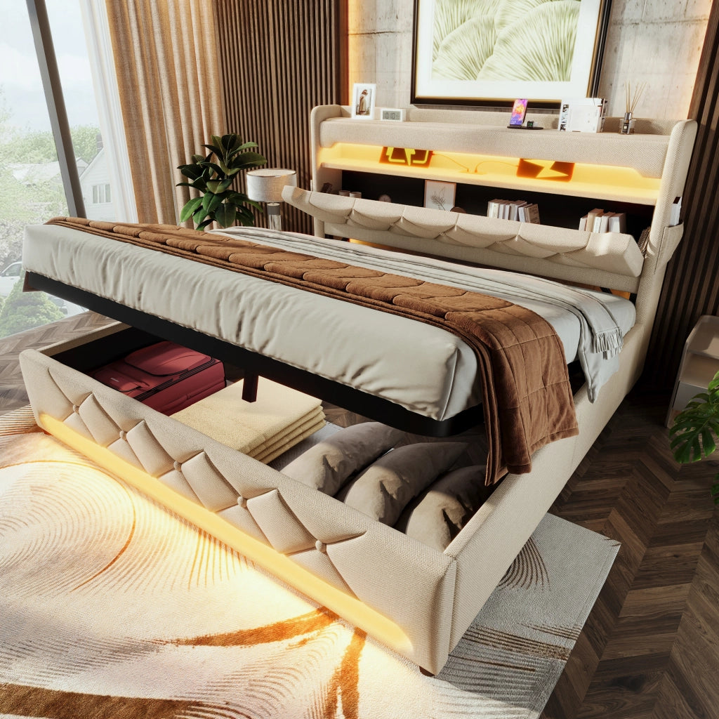 OKWISH Letto Contenitore 140×200 cm, Letto Matrimoniale con LED 360°, USB, Tipo C e Testiera con Vano Portaoggetti, senza Materasso, Lino, Beige