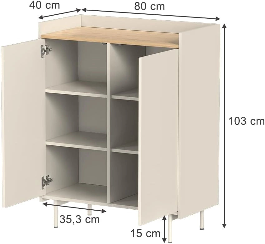 Credenza Velina, Crema, 80 x 103 cm con 6 scomparti, adatto per la conservazione di oggetti domestici