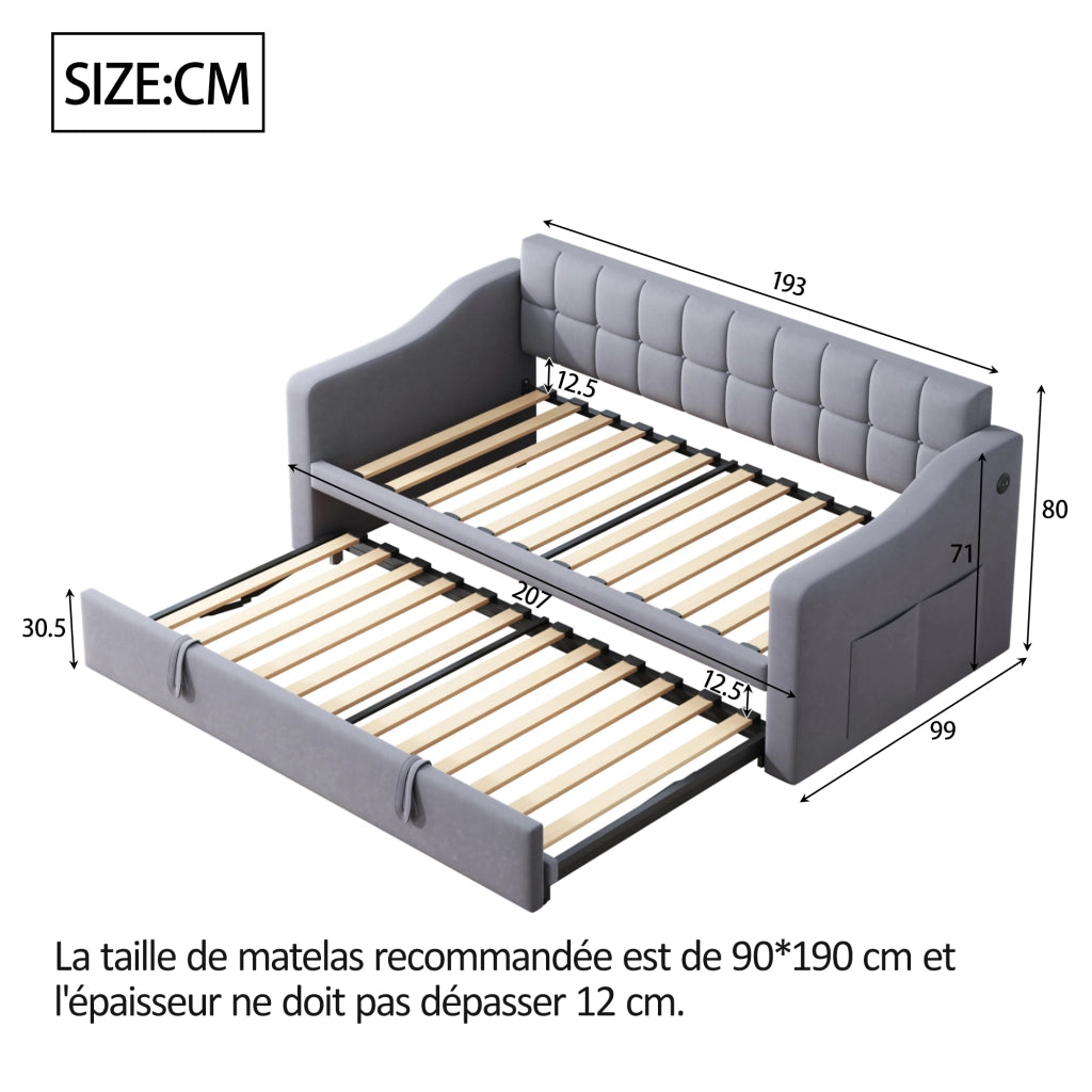 OKWISH Letto Estraibile 2 Posti, Letto Singolo con USB e Tasca Portaoggetti, 90×190 cm e 180×190 cm, senza Materasso, Velluto Grigio