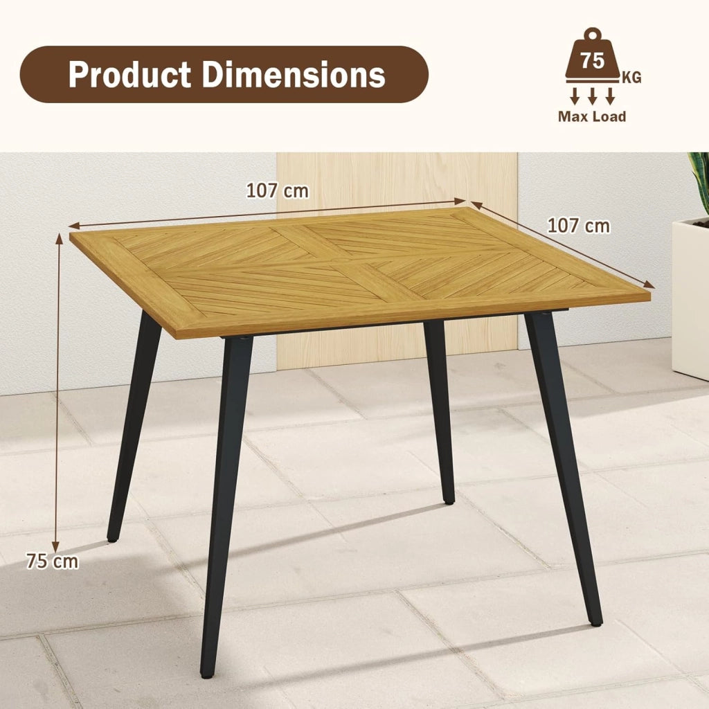 Tavolo da pranzo quadrato per giardino, tavolo in legno di acacia con foro dell'ombrellone da 5 cm e gambe in metallo, 107 x 107 x 75 cm, per balcone, terrazza