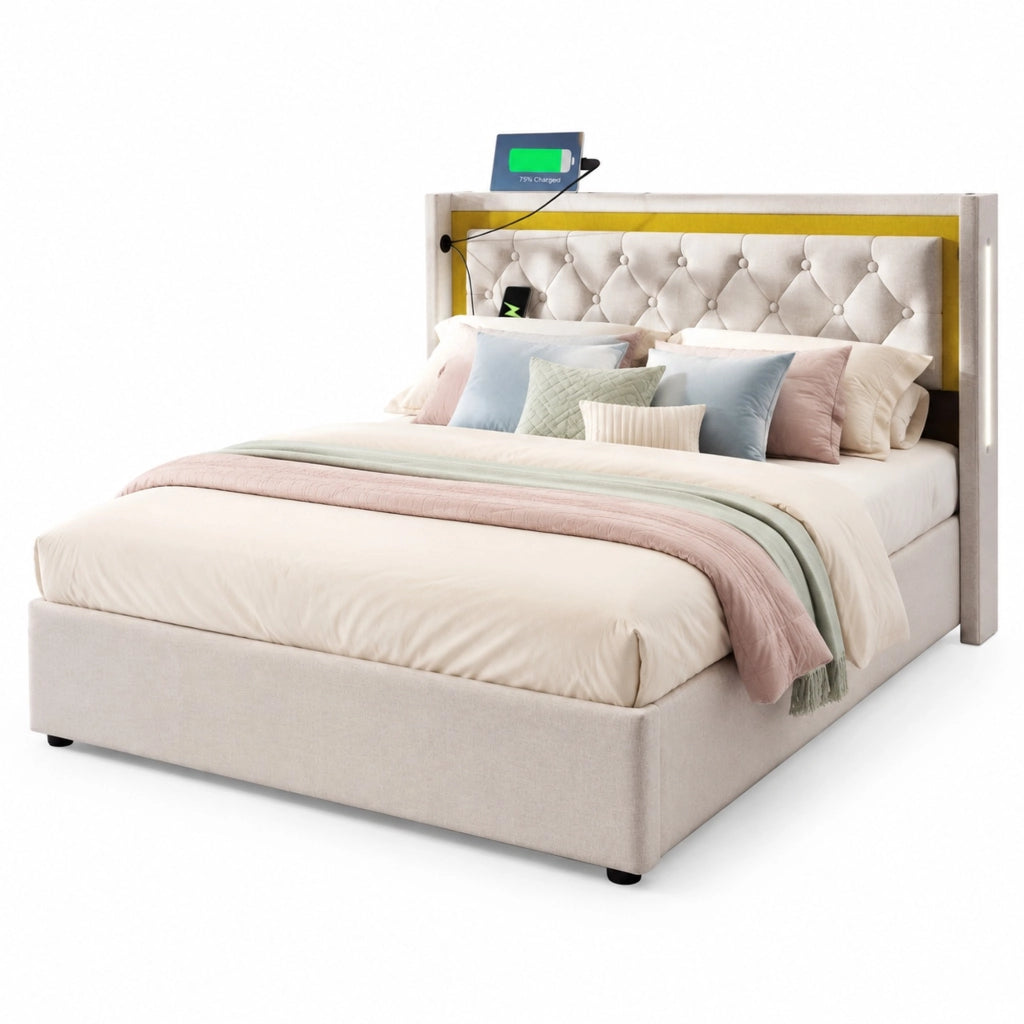 Letto matrimoniale con LED, contenitore e porte USB Type-C