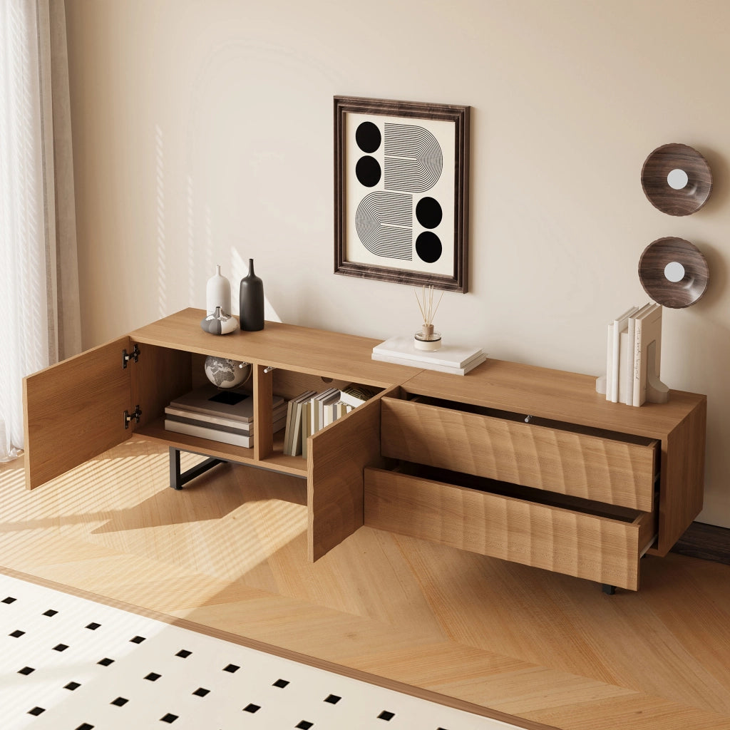 Mobile TV con 2 Ante e 2 Cassetti senza Maniglie; Passacavi; Stile Scandinavo; in Pannelli di Particelle; Naturale; 180??38??51;5 cm