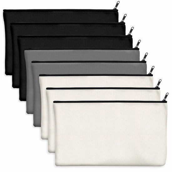 Pacchetto con 8 etui in tela di canapa vuoti con cerniera per oggetti DIY, cosmetici e articoli da toeletta (nero + grigio + bianco)