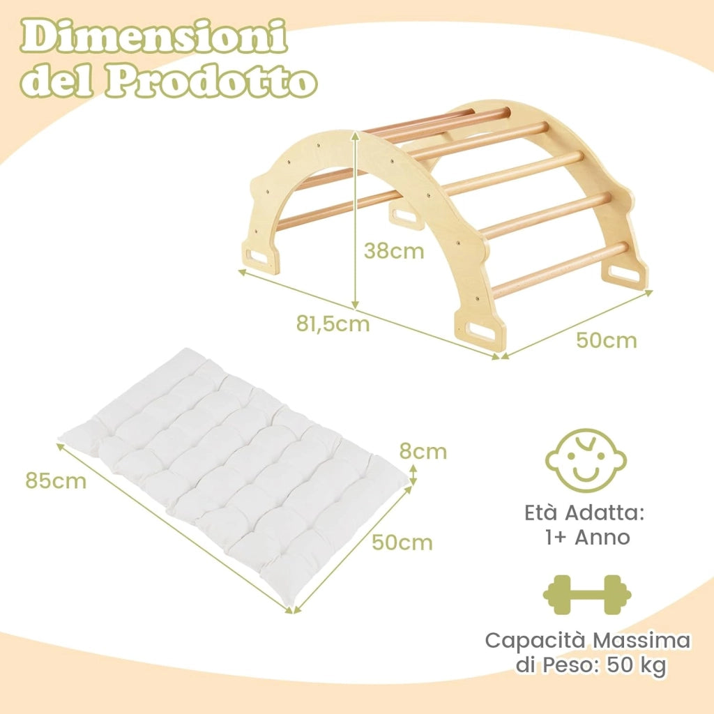 Arco da Arrampicata per Bambini, 2 in 1 Altalena ad Arco in Legno con Cuscino Morbido, Doppia Faccia, Ideale per Bambini 1+ Anni (Naturale)