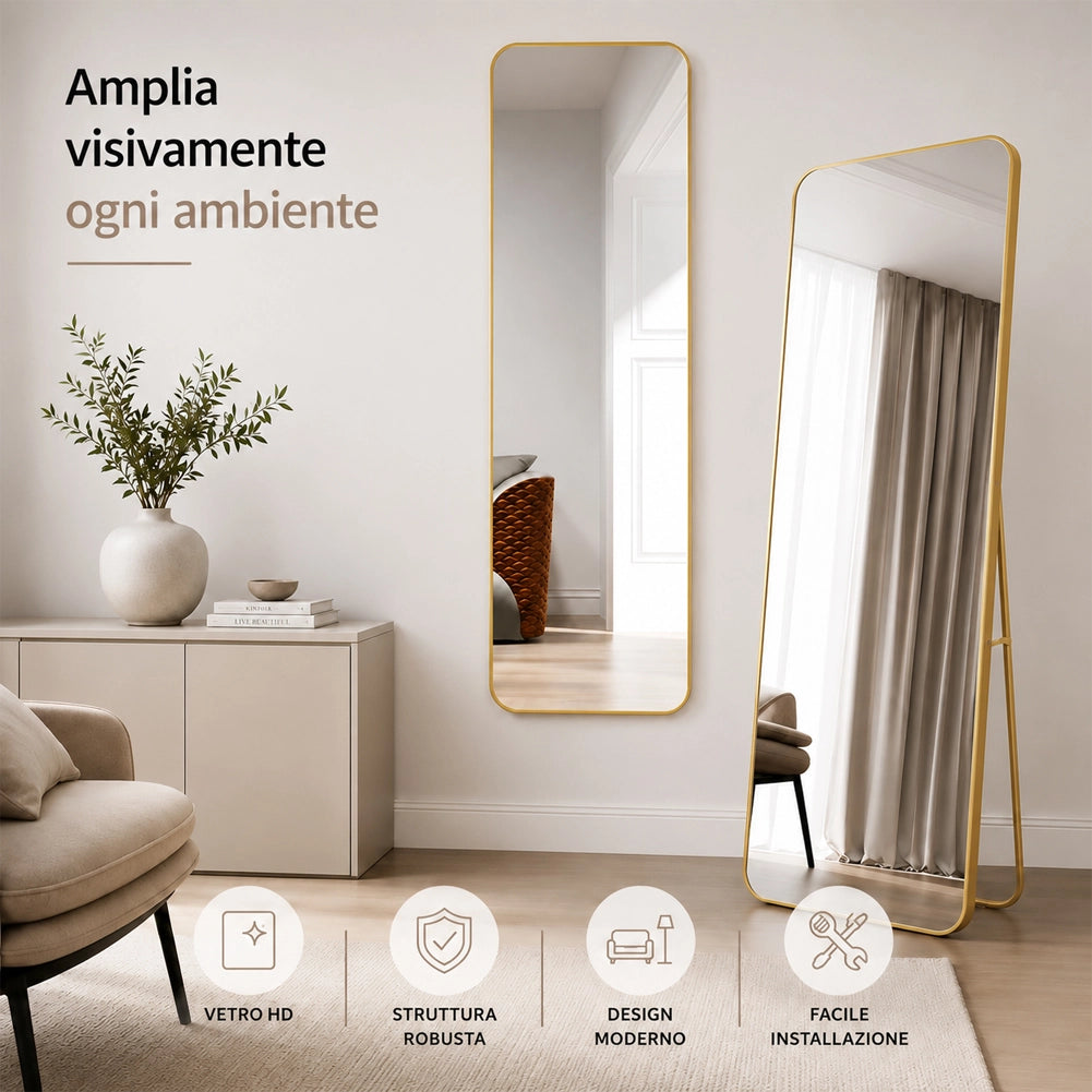 Specchio da Terra e da Muro Rettangolare Oro Decorazione Interni 155x45 cm