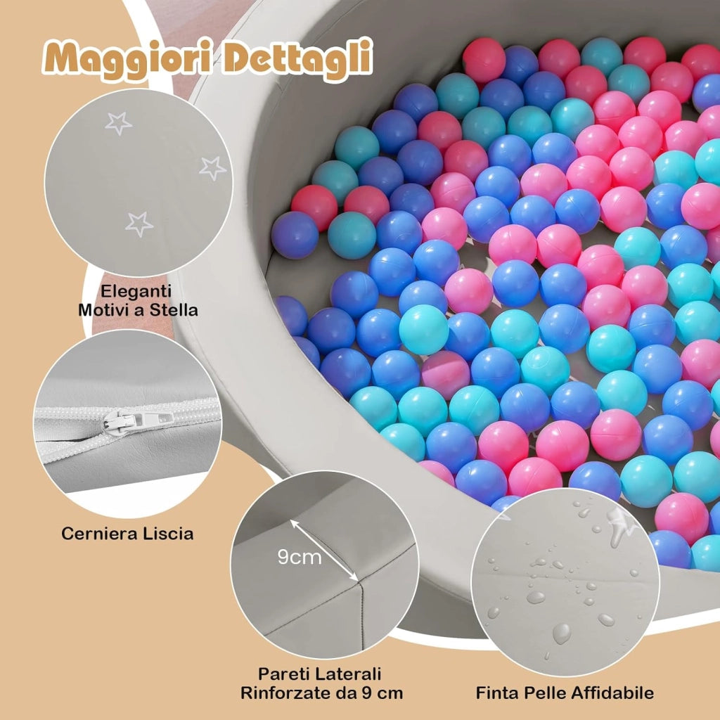 Piscina di Palline per Bambini, Vasca Rotonda con 200 Palline Colorate, Sacchetto in Rete e Copertura Rimovibile, Piscinetta in Morbida Schiuma per Soggiorno e Camera di Bambino (Grigio)