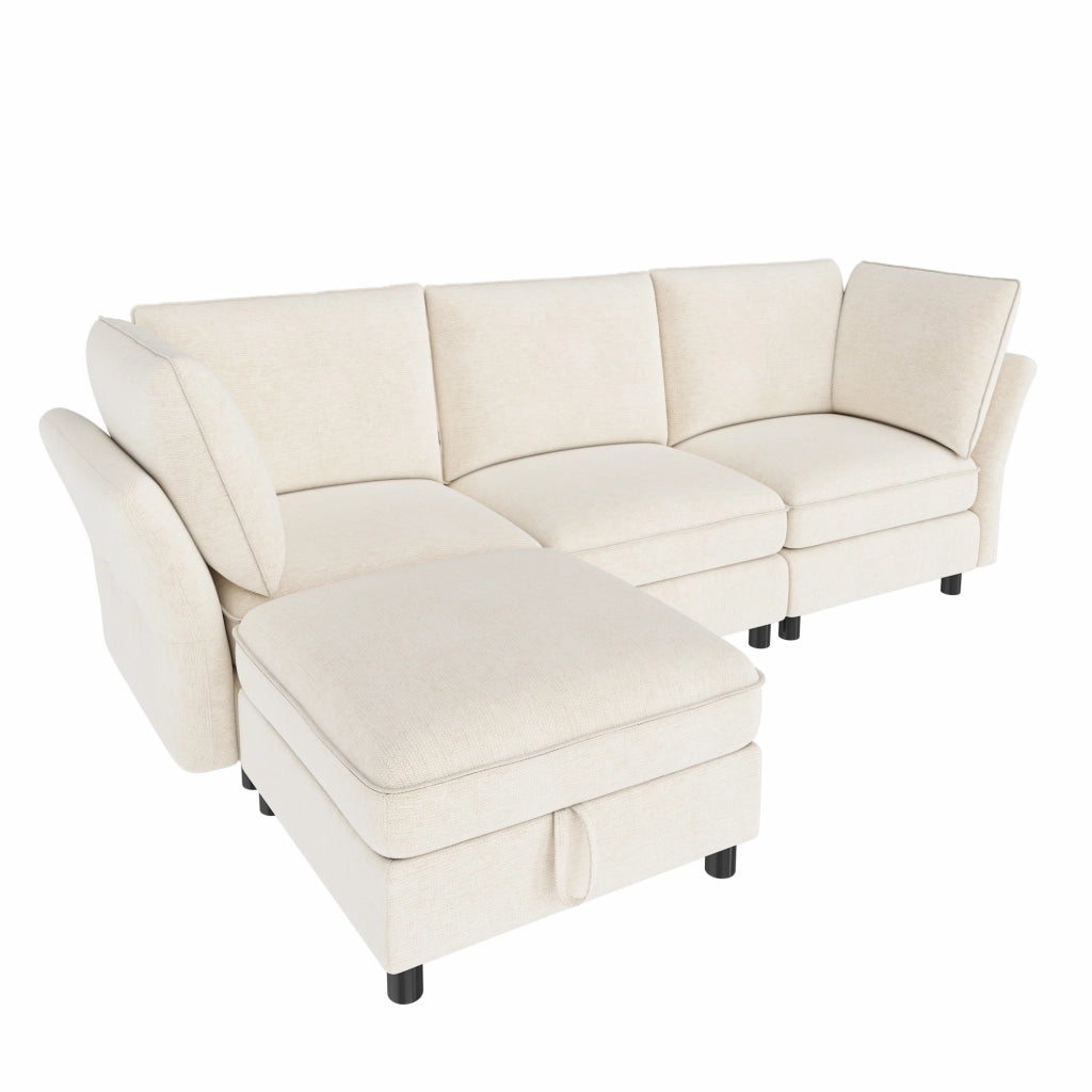 Divano ad angolo modulare 4 posti con pouf contenitore e 2 cuscini, in Chenille, Beige