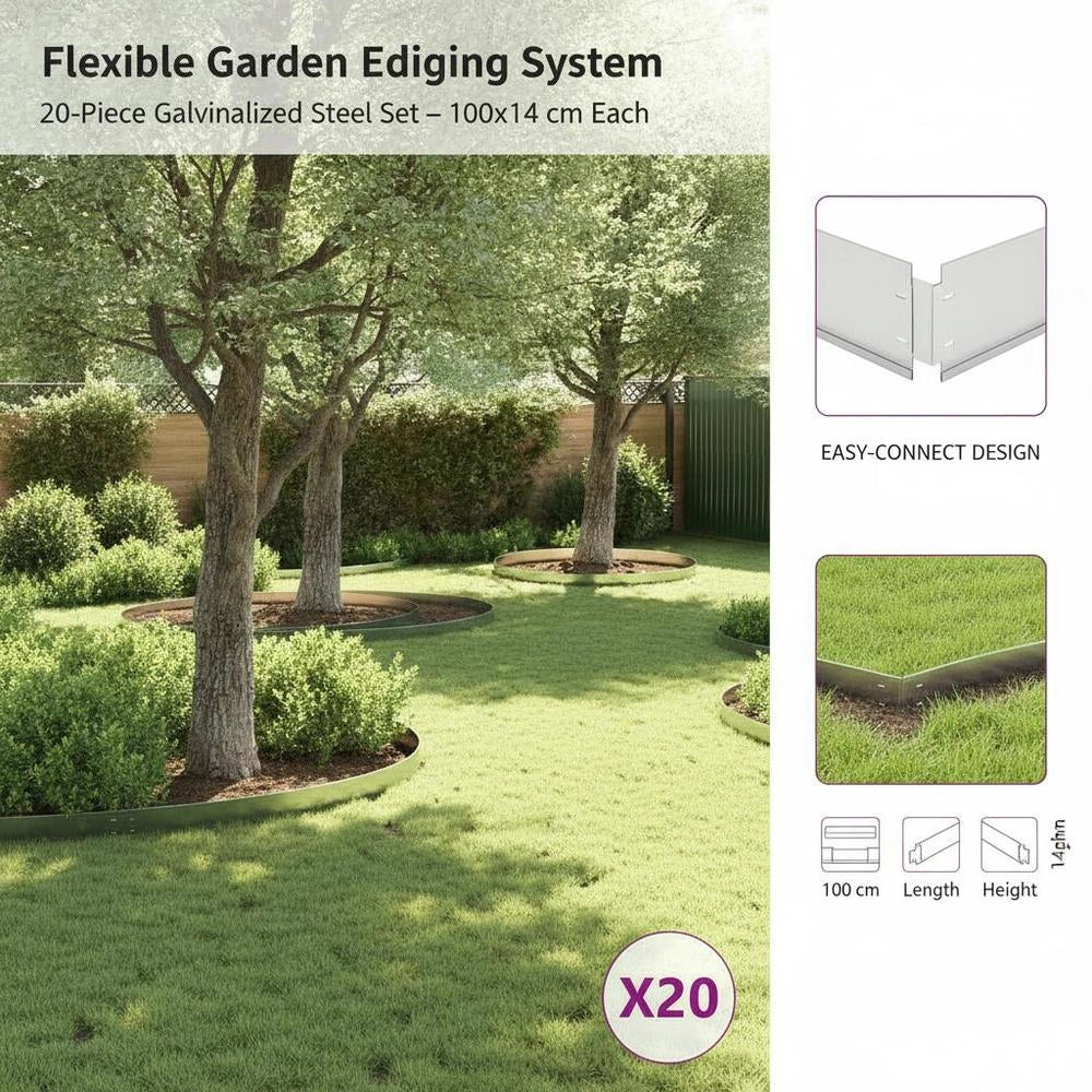 Flexible Lawn Edging, Set Of 20, Galvanized Steel, 100x14 Cm