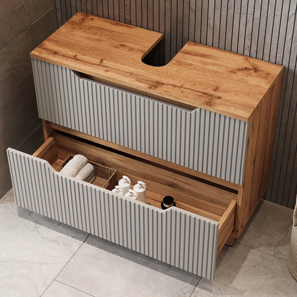 Vicco Mobile sottolavabo per bagno Rovere/grigio a righe 79.6 x 62.5 cm con 2 cassetti