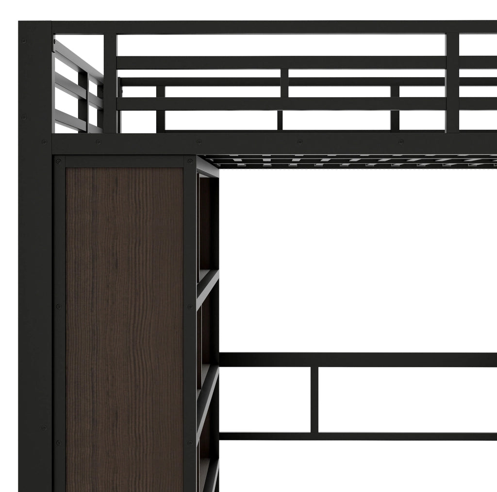 Letto a soppalco ULEVR 140x200 cm con scrivania, ripiani, scala contenitore e LED regolabile, nero