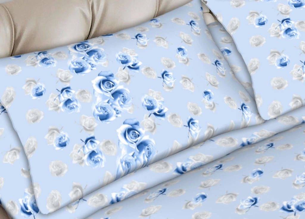 Completo Lenzuola Letto In 100% Cotone Made In Italy Vari Disegni C.N - Piazza E Mezza - Rose Azzurro