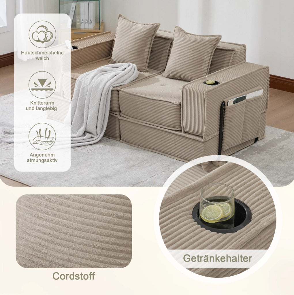 Divano ULEVR 162x78x66 cm in velluto a coste kaki con 2 cuscini e tasche laterali