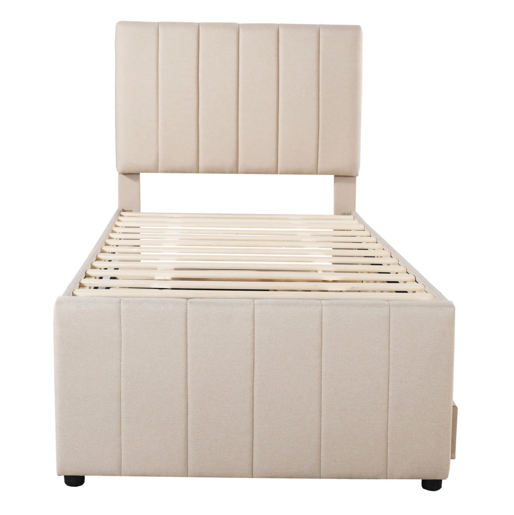Letto imbottito singolo con letto estraibile e 3 cassetti 90x200 cm; beige