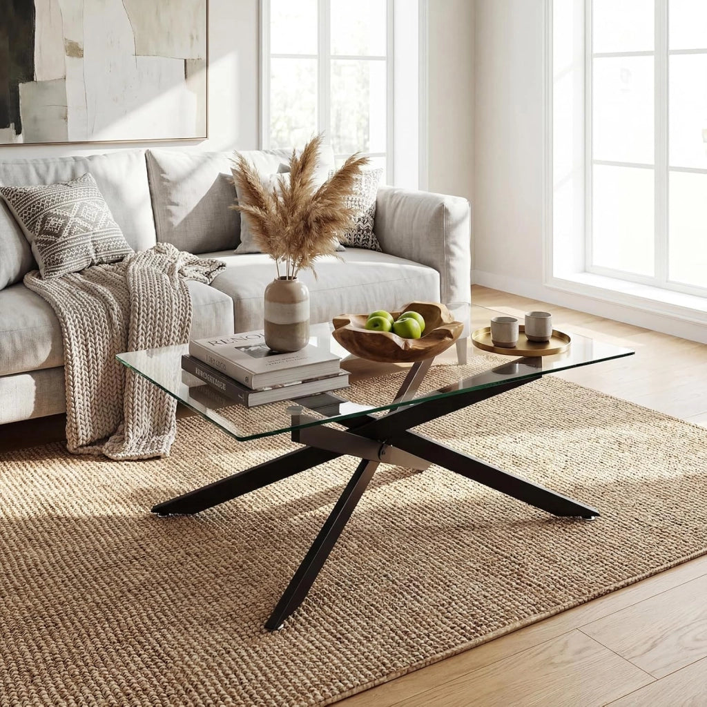 Tavolino da Salotto con Piano in Vetro Temperato, Gambe Incrociate e Piedini Regolabili, Tavolo Basso in Stile Industriale per Soggiorno, Camera da Letto, Ufficio, 120 X 60 X 45,5 CM (Nero)
