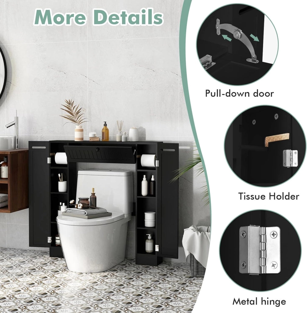 Mobile per Lavatrice, Mobile sopra Toilette, Mobiletto Bagno sopra Toilette, Armadietto da Incasso, in Legno, con Anta, Bagno Salvaspazio, con Porta Carta Igienica (Nero)
