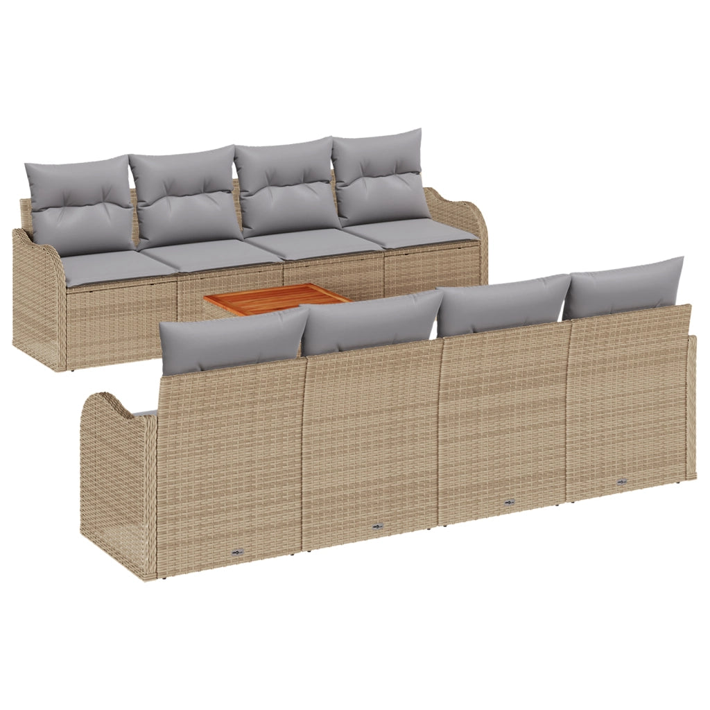 Set di divani da giardino da 9 pezzi con cuscini beige in polyrattan e acacia