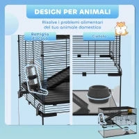 Gabbia per Criceti a 3 Livelli con Base in Vetro Temperato, Ruota e Accessori, 76.5x48.5x54.5 cm, Nero