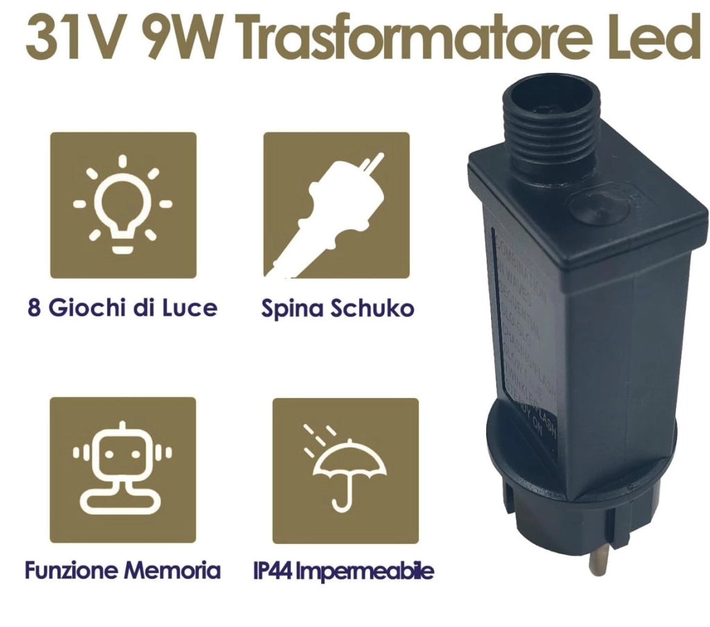 Trasformatore Alimentatore 12W per luci di Natale a LED 36V IP44 per catene e decori luminosi con spina Schuko adattatore driver Ignifugo a bassa tensione 8 differenti Giochi di luce