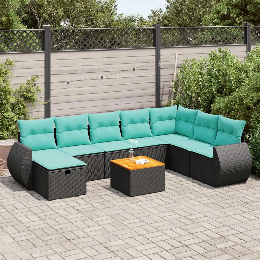 Set Divani da Giardino 9 pz con Cuscini Nero in Polyrattan