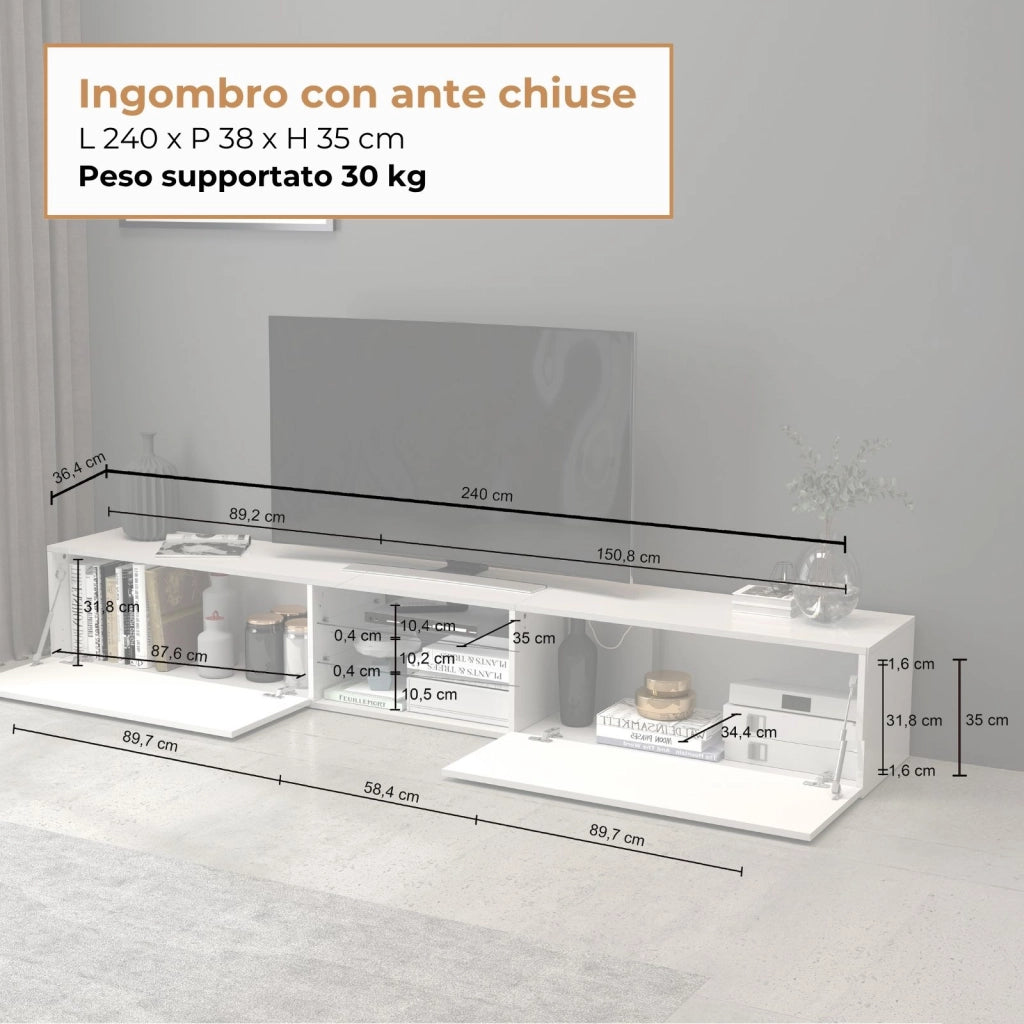 WHOUS Mobile porta tv Egypt a 2 ante e 2 ripiani in vetro bianco lucido 240x38x35 cm