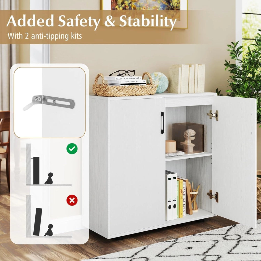 Credenza Cucina con 2 Ante, Mobile Buffet con Ripiano Regolabile, Armadio Dispensa in Legno Antiribaltamento, per Sala da Pranzo, Soggiorno, Ingresso, 80 x 31,5 x 82 cm (Bianco)