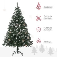 Albero di Natale Artificiale Innevato 150cm con 676 Rami e Pigne, Apertura Automatica e Base Pieghevole, Verde