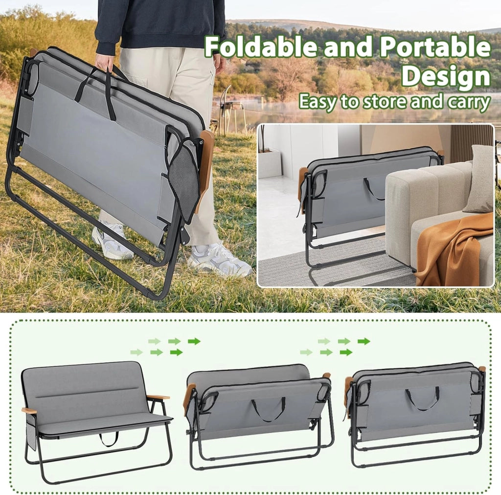 Sedia da Campeggio a 2 Posti, Sedia Pieghevole Imbottita con Tasca Laterale, Schienale Alto e Braccioli, Poltrona da Giardino Portatile con Struttura in Metallo, per Picnic, Pesca, Grigio