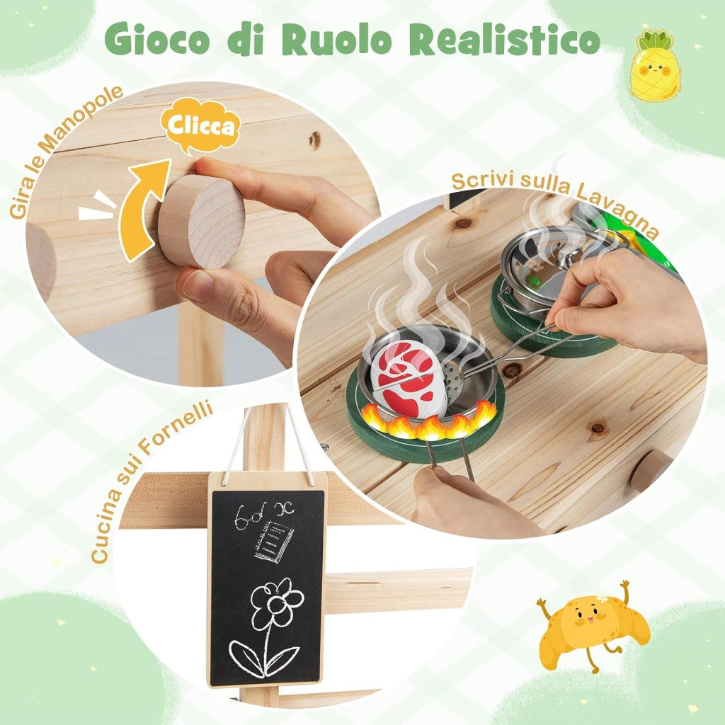Set da Cucina Giocattolo per Bambini, Cucinetta in Legno con Fornelli, Lavello, Manopole Rotanti, Lavagna, Vasi di Fiori e Scaffali Portaoggetti, per Bambini 3+ Anni