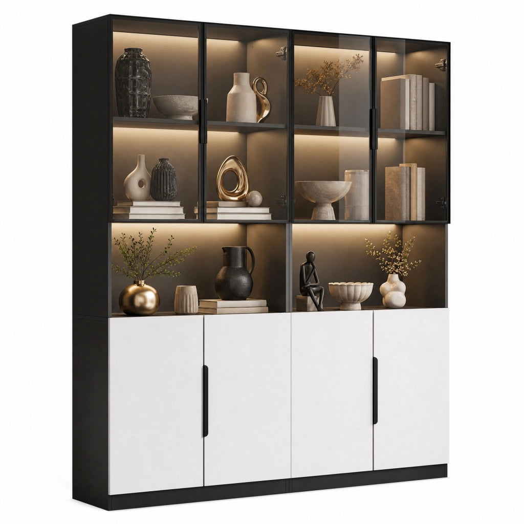 Vetrina moderna in bianco e nero con ante in vetro, LED regolabile, 160x30x200 cm