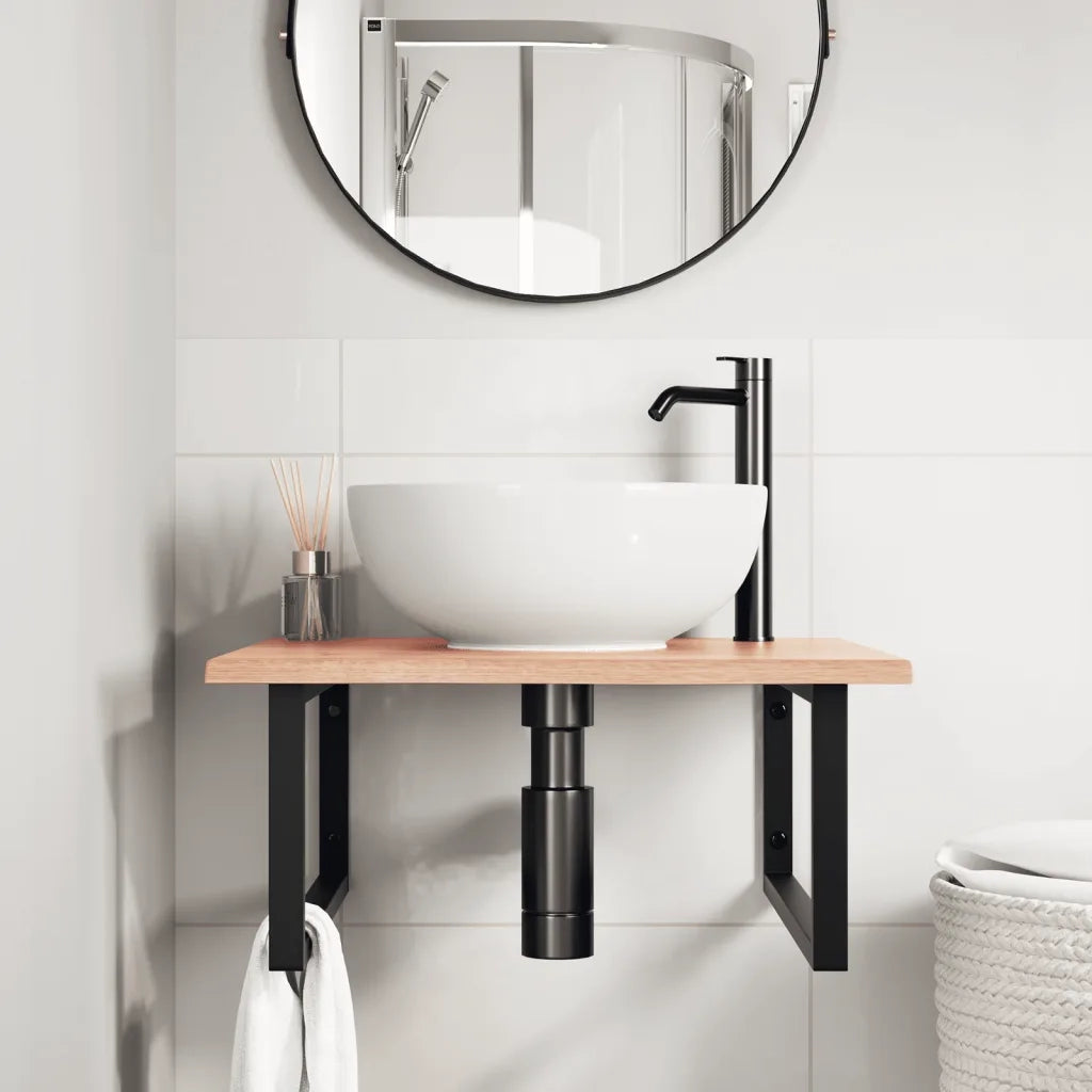 Ripiano a Parete per Lavabo in Acciaio e Massello di Rovere