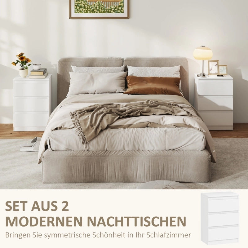 Coppia di comodini con 3 cassetti, in MDF, design senza maniglie, per camera da letto, bianco, 40 × 30 × 59,5 cm