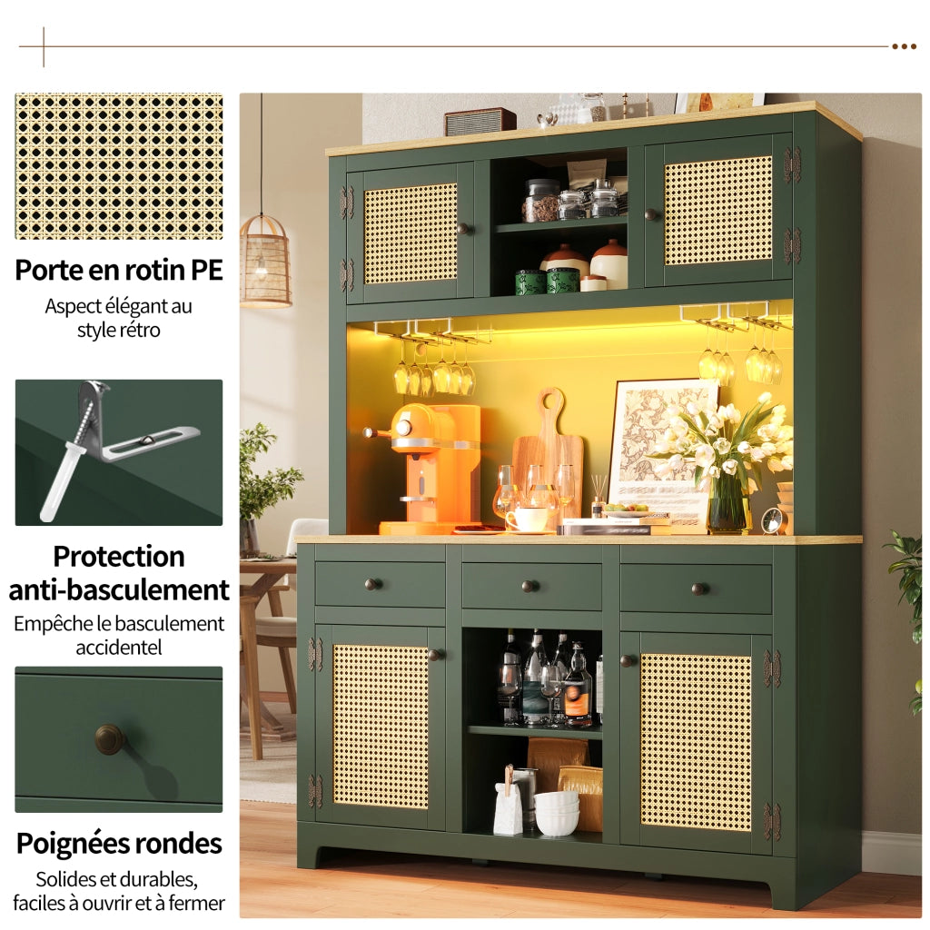 Credenza alta con LED e ante in PE rattan, ripiani regolabili e cassetti, per cucina e soggiorno, verde antico