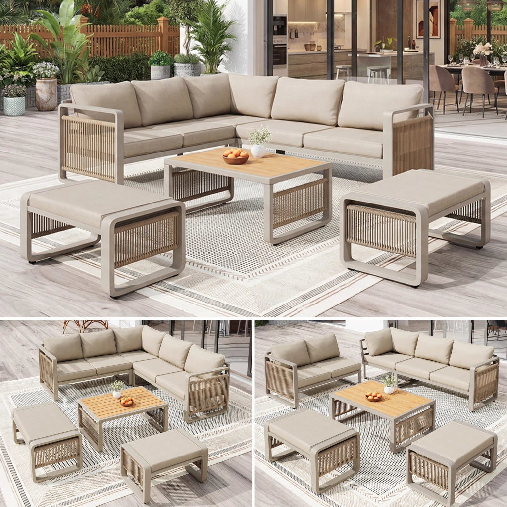 Set poltrone per mobili da giardino set per 6-7 persone divano da giardino in corda intrecciata a mano set d'angolo e poltrona impermeabile in ferro con cuscini morbidi per sedile e schienale piedi regolabili beige