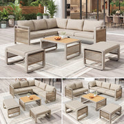 Set poltrone per mobili da giardino set per 6-7 persone divano da giardino in corda intrecciata a mano set d'angolo e poltrona impermeabile in ferro con cuscini morbidi per sedile e schienale piedi regolabili beige